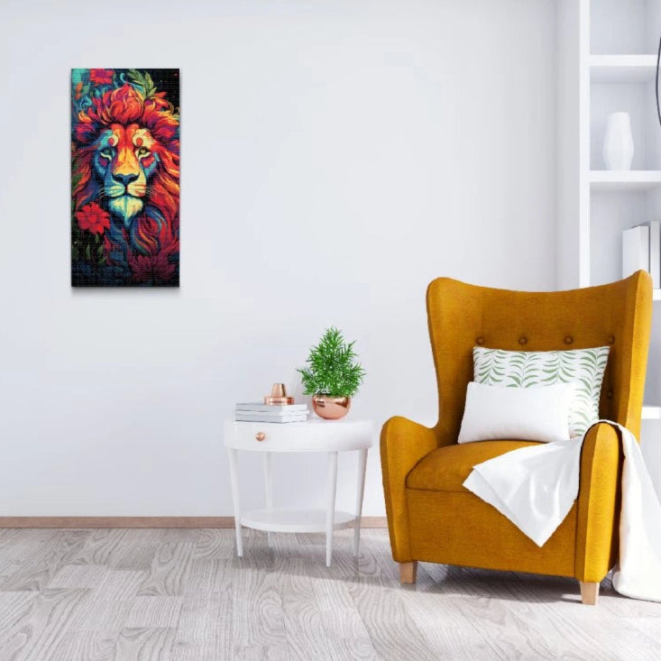 Majestætisk løve med blomster i diamond painting motiv