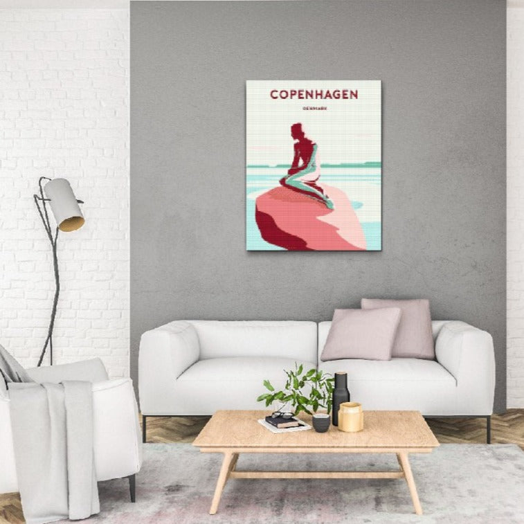 Diamond painting af Den Lille Havfrue statue i København med havudsigt