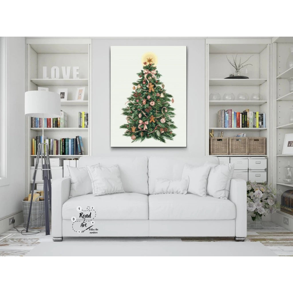 diamond painting af juletræ med pynt, stjerne og julekugler