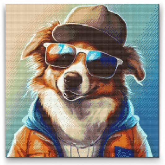 Hund med solbriller - premium diamond art - diamond painting i højeste kvalitet