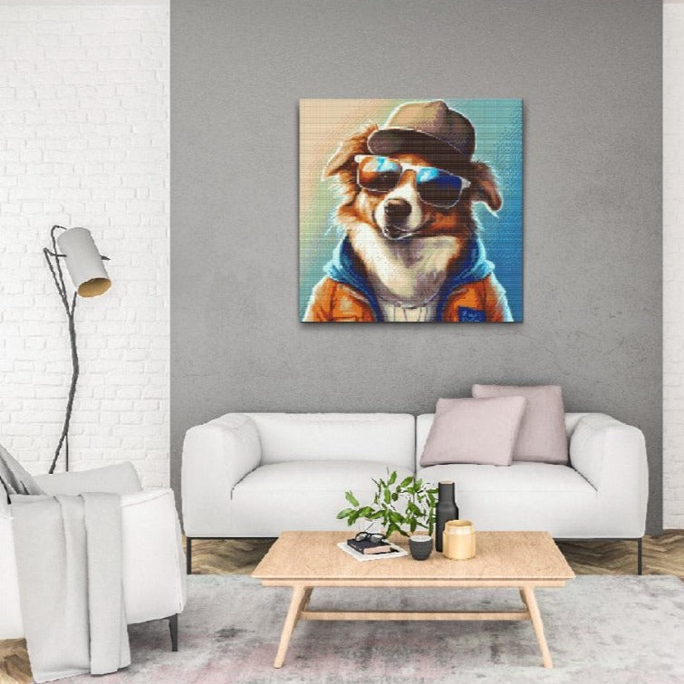Hund med solbriller - premium diamond art - diamond painting i højeste kvalitet