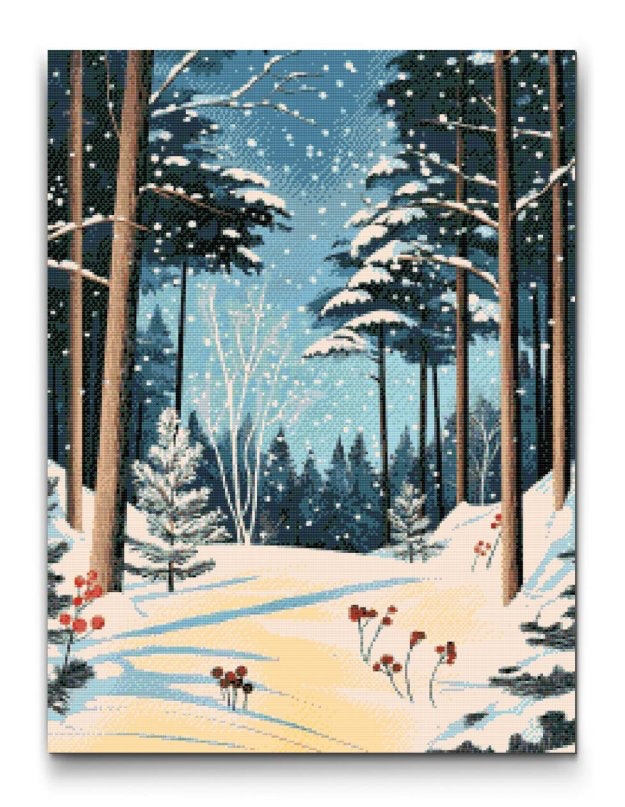 Diamond painting med motiv af en sneklædt skov med træer og vinterlandskab under snevejr.