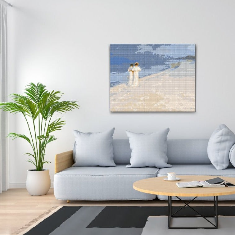 Diamond painting version af P.S. Krøyers Sommeraften på Skagen Sønderstrand med blødt aftenlys og strandstemning