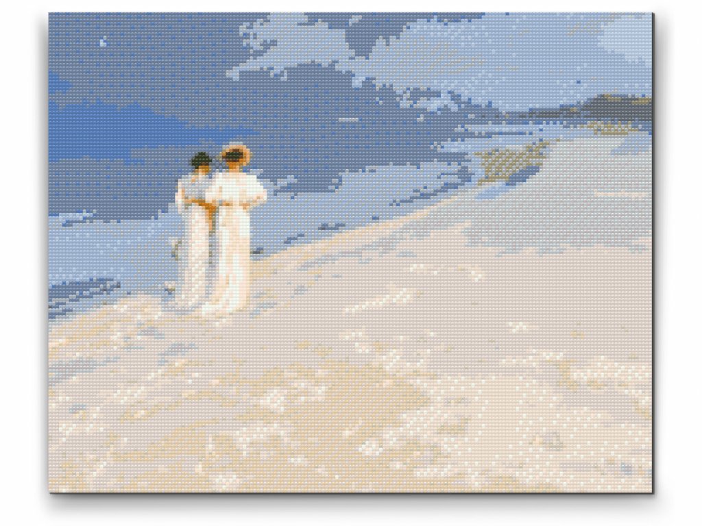 Diamond painting version af P.S. Krøyers Sommeraften på Skagen Sønderstrand med blødt aftenlys og strandstemning