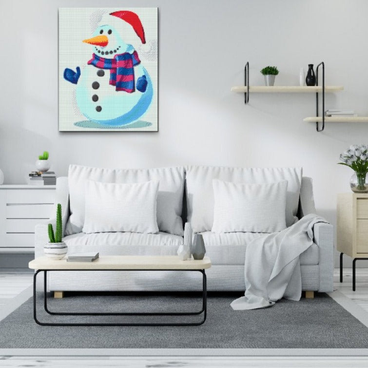 Diamond art af glad snemand med vinterlandskab og snefnug