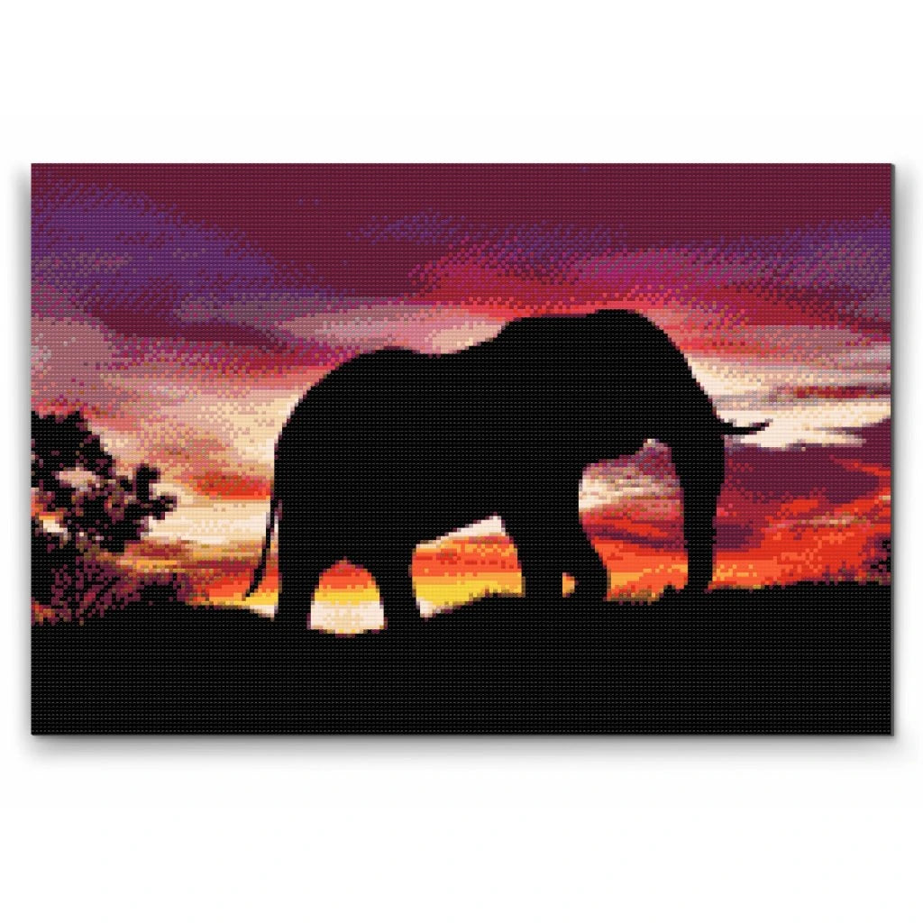 Diamond painting af elefant i silhuet mod en farverig afrikansk solnedgang