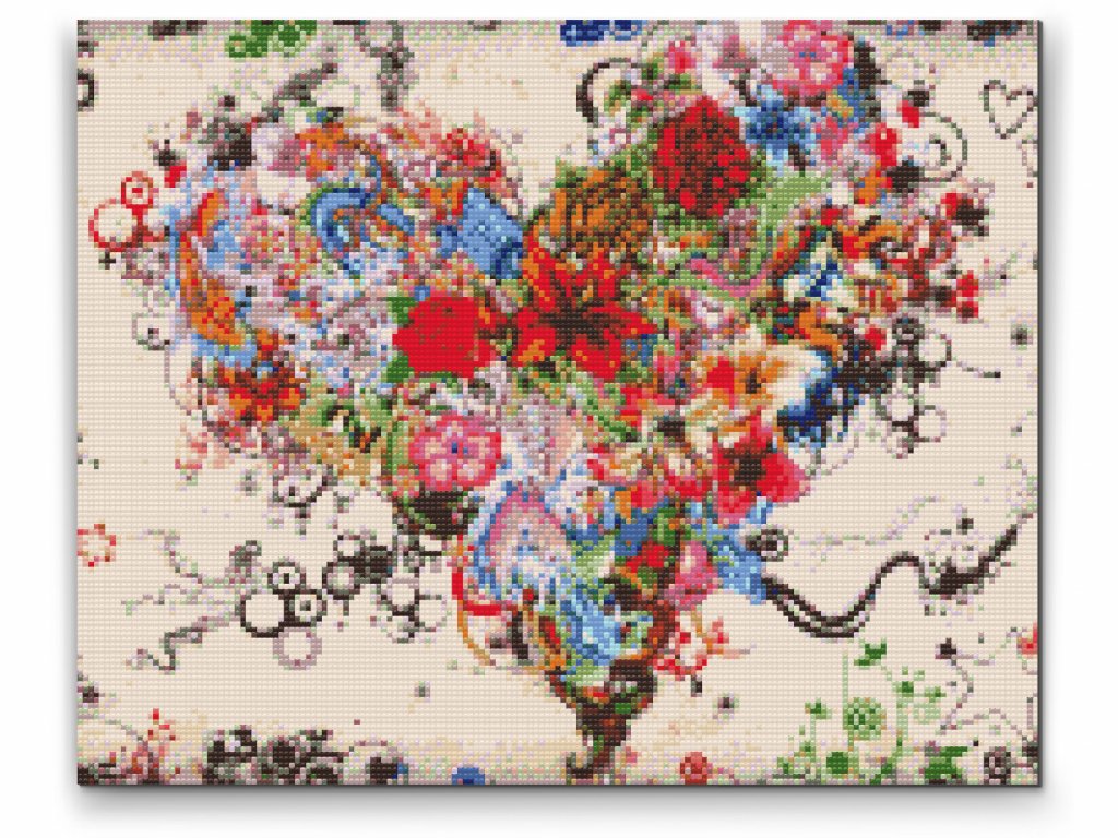 Diamond painting af smukt hjerte dekoreret med farverige blomster