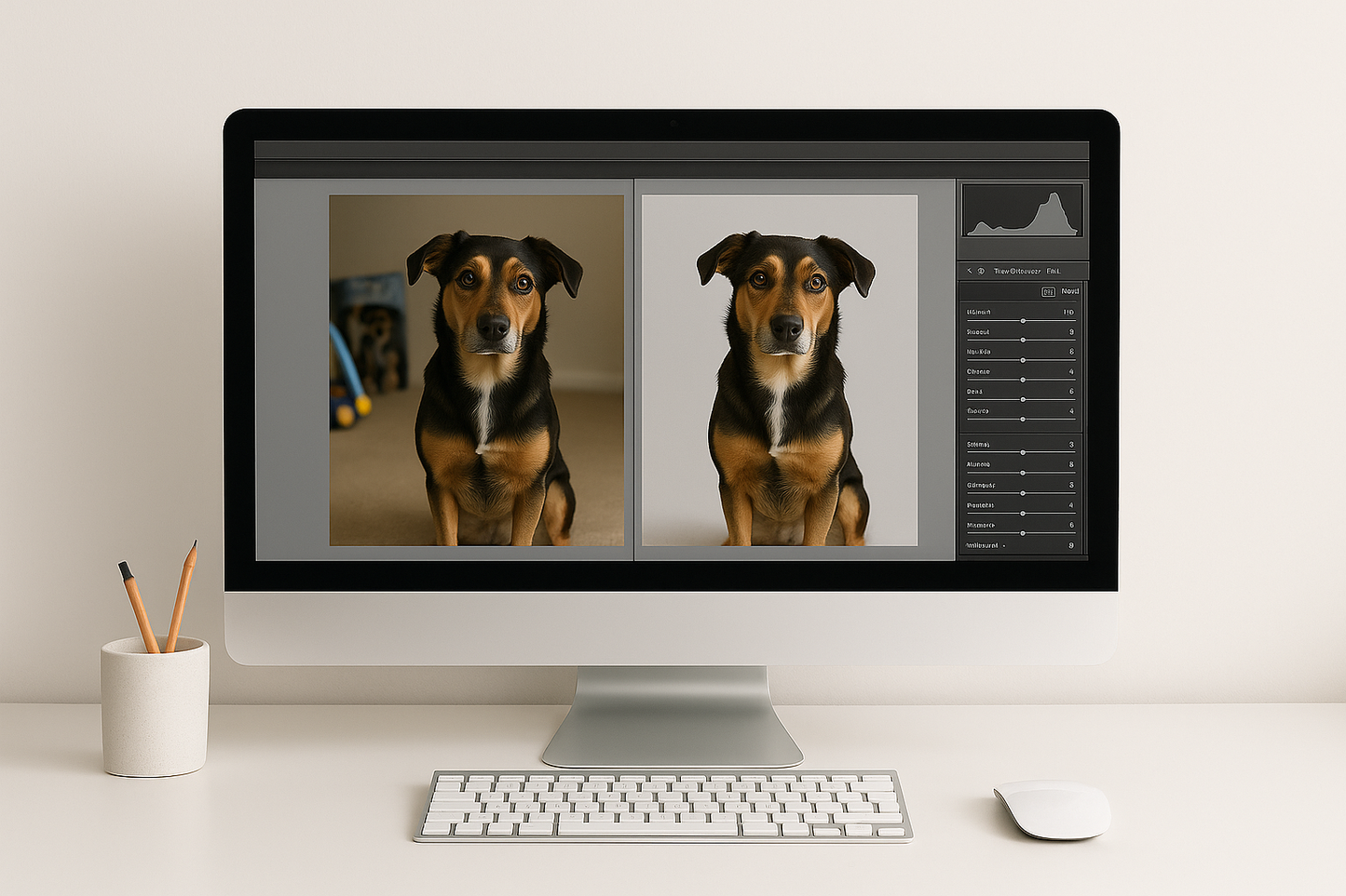 Portræt af hund med baggrundsredigering – fra rodet til minimalistisk baggrund