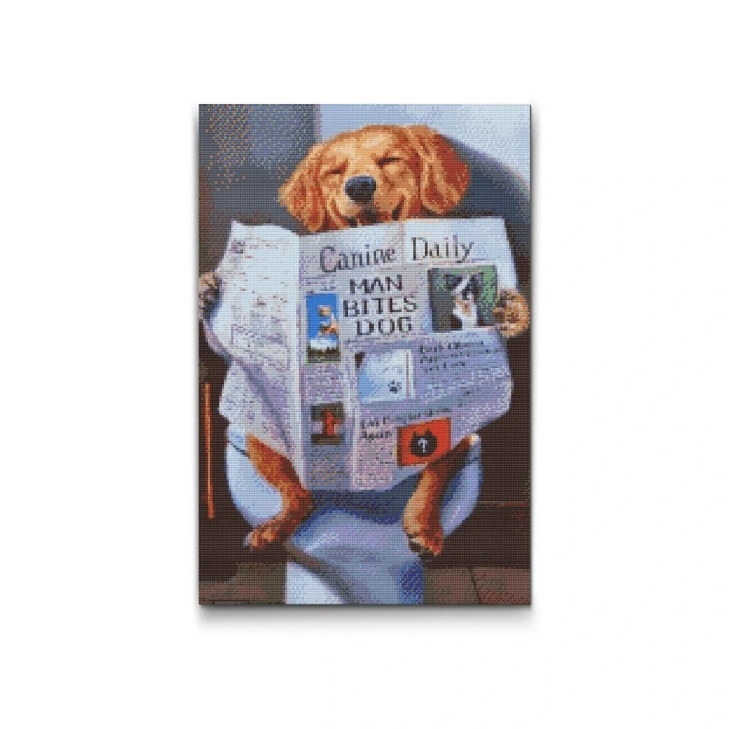 Sjov diamond painting af en hund, der nyder et roligt øjeblik med dagens avis. Perfekt til dyreelskere med humor.