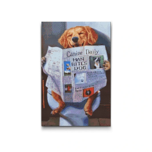Sjov diamond painting af en hund, der nyder et roligt øjeblik med dagens avis. Perfekt til dyreelskere med humor.