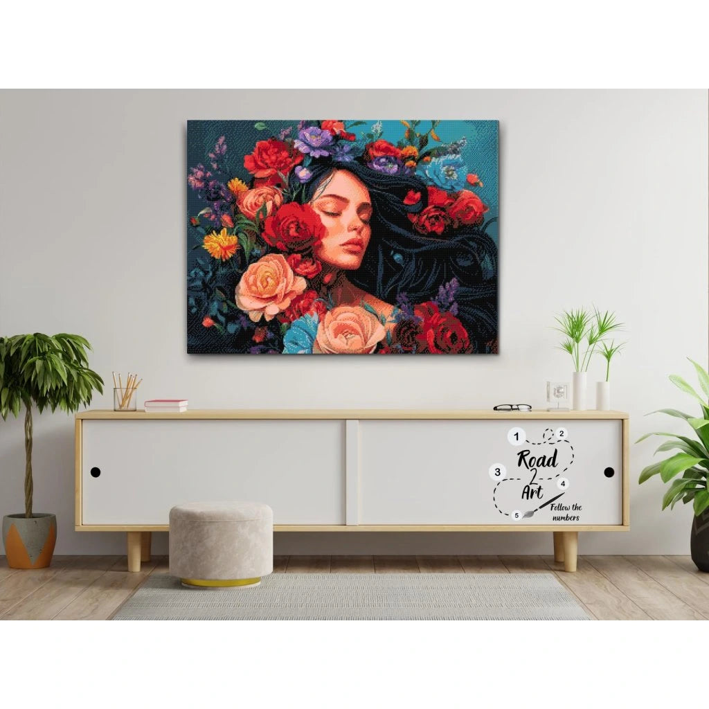 Blomsterprinsesse diamond painting – Elegant kvindemotiv med blomster og ro