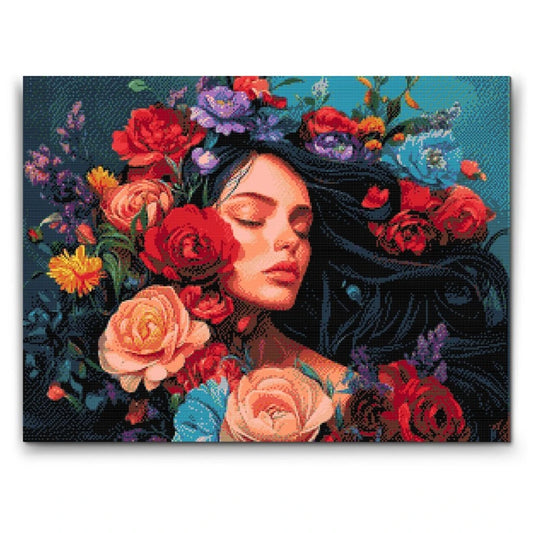 Blomsterprinsesse – Diamond painting med drømmende kvinde og farverige blomster