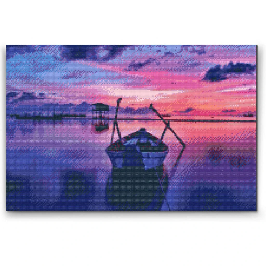 Diamond painting med båd og solnedgang

