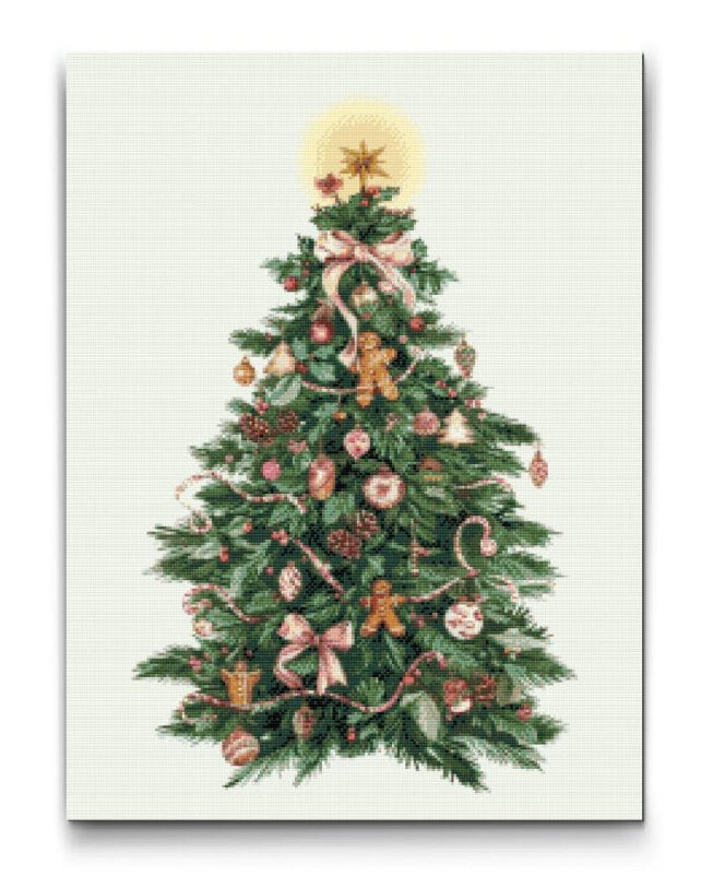 diamond painting af juletræ med pynt, stjerne og julekugler