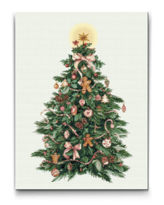 diamond painting af juletræ med pynt, stjerne og julekugler