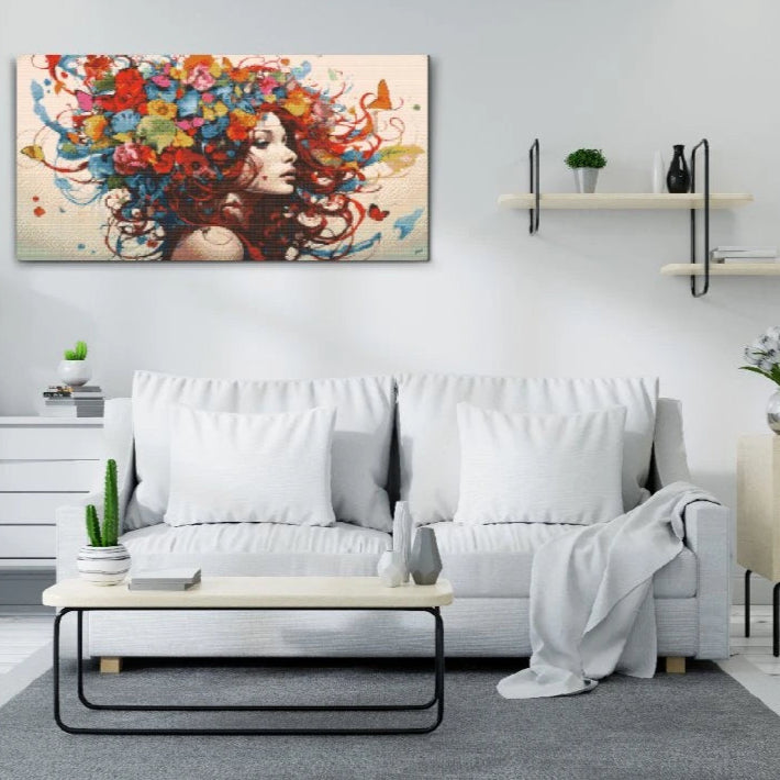 Fri som en sommerfugl – Diamond painting med kvinde, blomster og farver