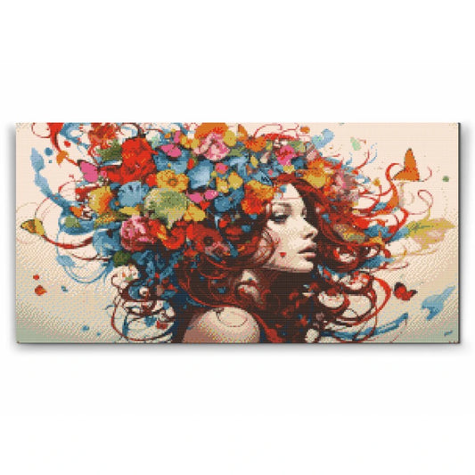 Diamond painting af kvinde med blomster og sommerfugle i håret i farverigt motiv