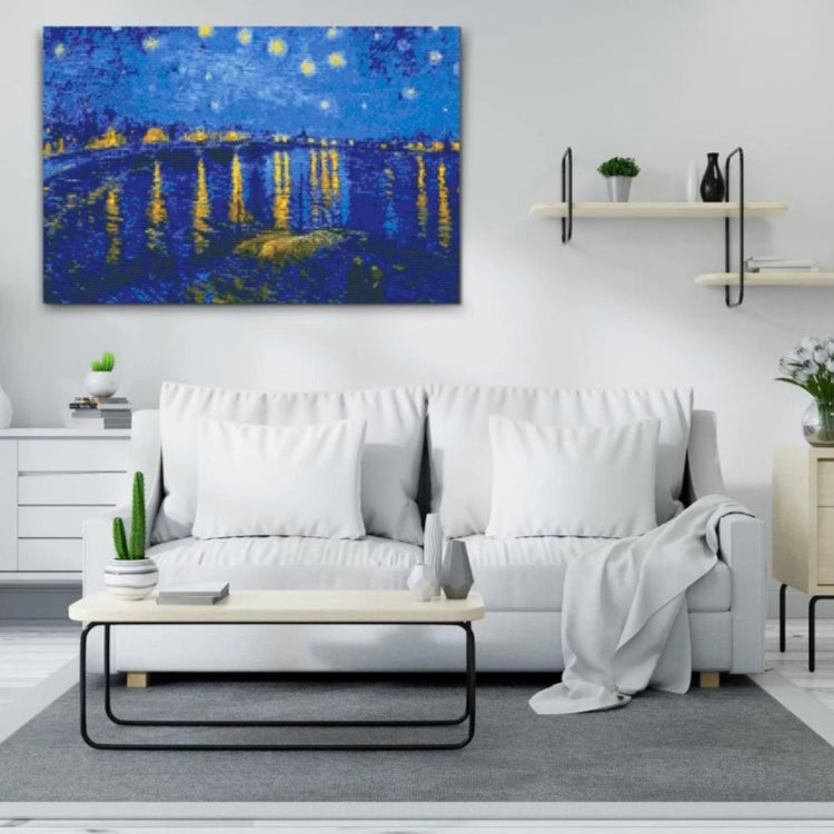 Diamond painting af Van Goghs Stjernenat over Rhône med stjerner og lysrefleksioner i vandet