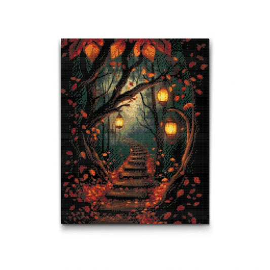5D Diamond Painting lyssti i skov med lanterner – efterårsmotiv med varme farver