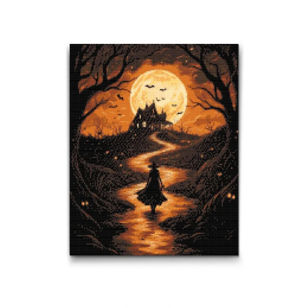 5D Diamond Painting heksevej i måneskin – mystisk motiv med slot og gyldent lys