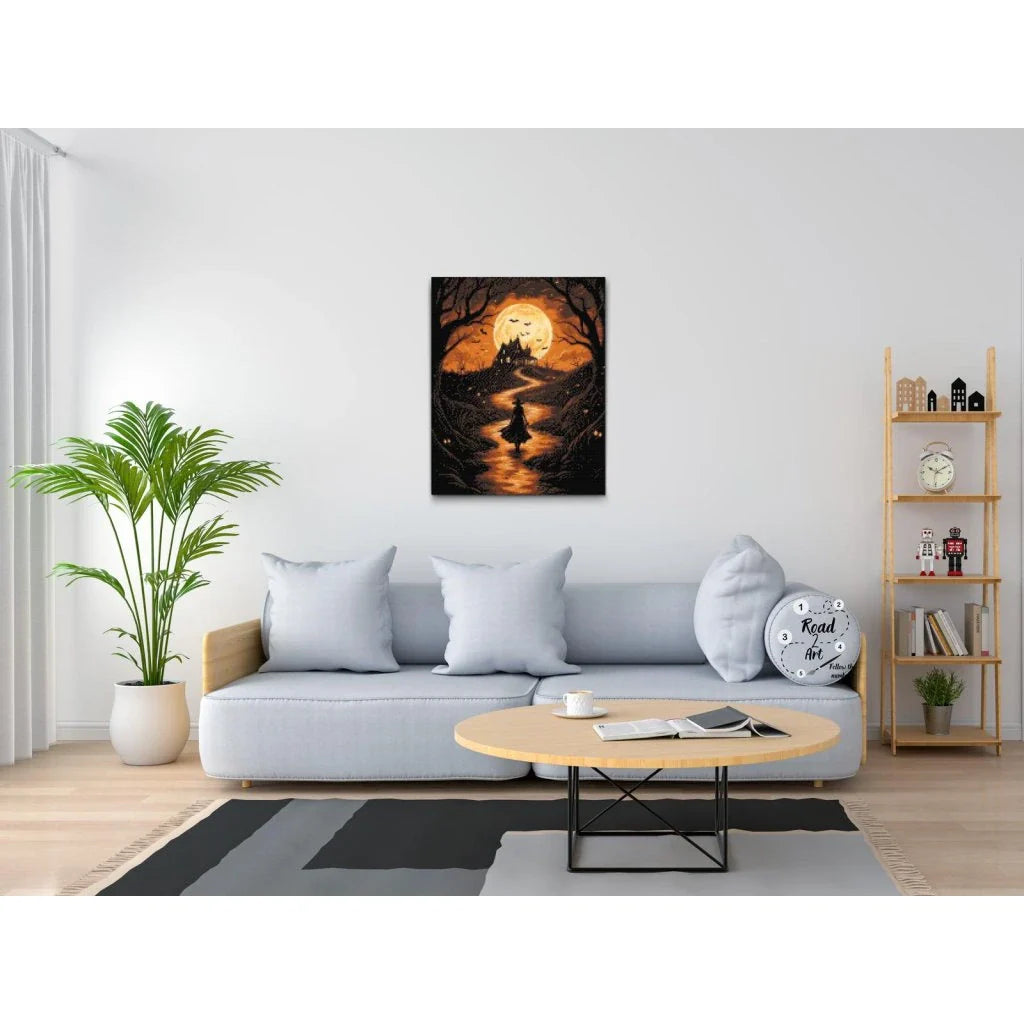 Diamond Painting 5D billede med heks, fuldmåne og slot – stemningsfuld halloween kunst