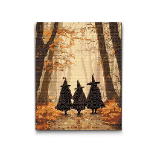 5D Diamond Painting tre hekse i efterårsskov – magisk motiv med varm glød