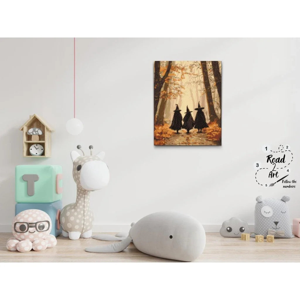 Diamond Painting 5D billede af tre hekse i skov med efterårsfarver – stemningsfuld kunst til efteråret