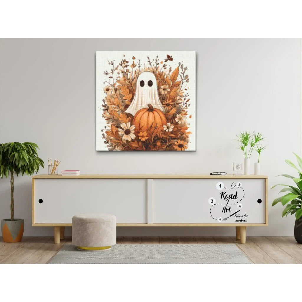 halloween diamond painting med pumpa och spöke i orange färger