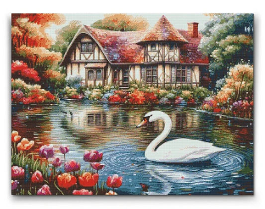 Diamond painting af svane i sø foran hyggelig hytte omgivet af blomster og efterårstræer