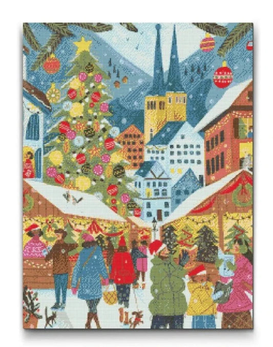 Diamond Painting med julemarked i bjergby – Perfekt til julestemning