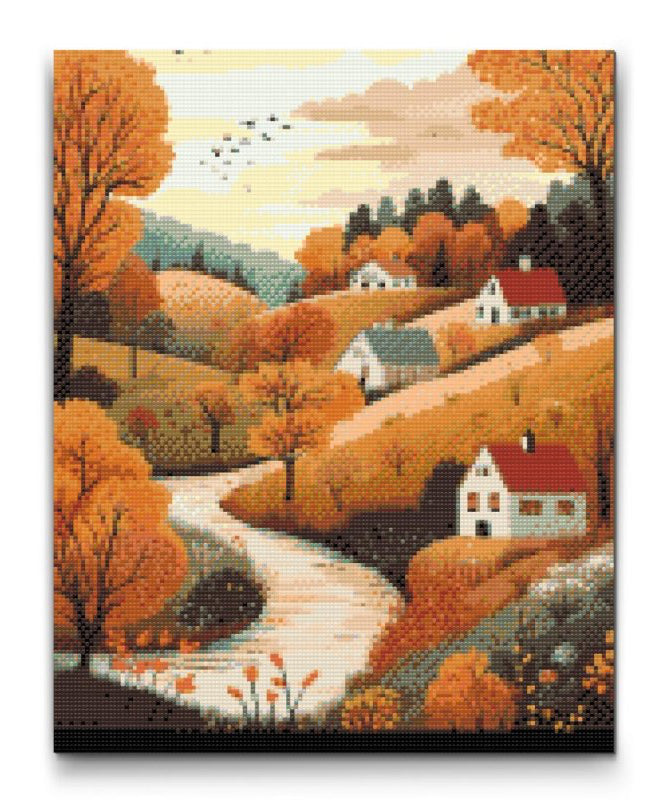 Diamond painting af et efterårslandskab med huse, træer og snoet sti i varme orange toner