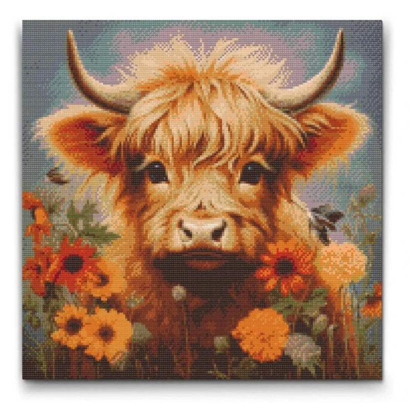 En diamond painting af en Highland-ko med lange horn omgivet af orange og røde blomster i et sommerligt landskab.
