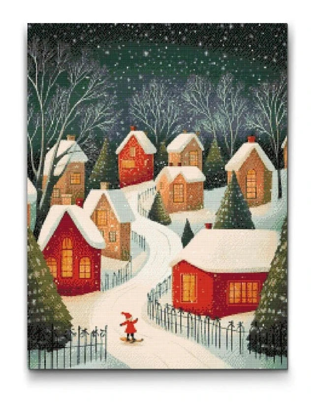 diamond painting af juleby med måneskin, julelandskab med sne og hyggelige huse, julemaleri med stjerner og små røde hytter, diamond art til jul