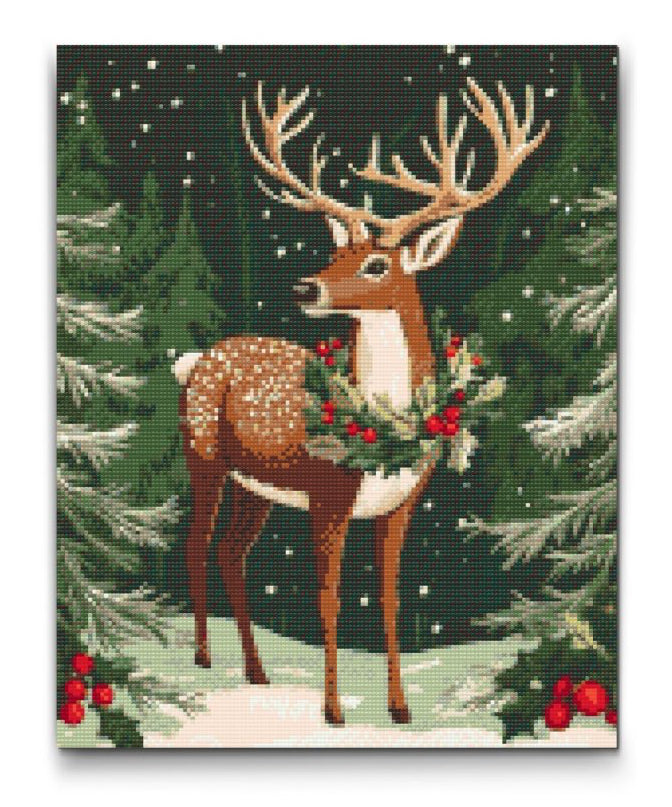 Diamond painting af hjort med julekrans i sneklædt skov