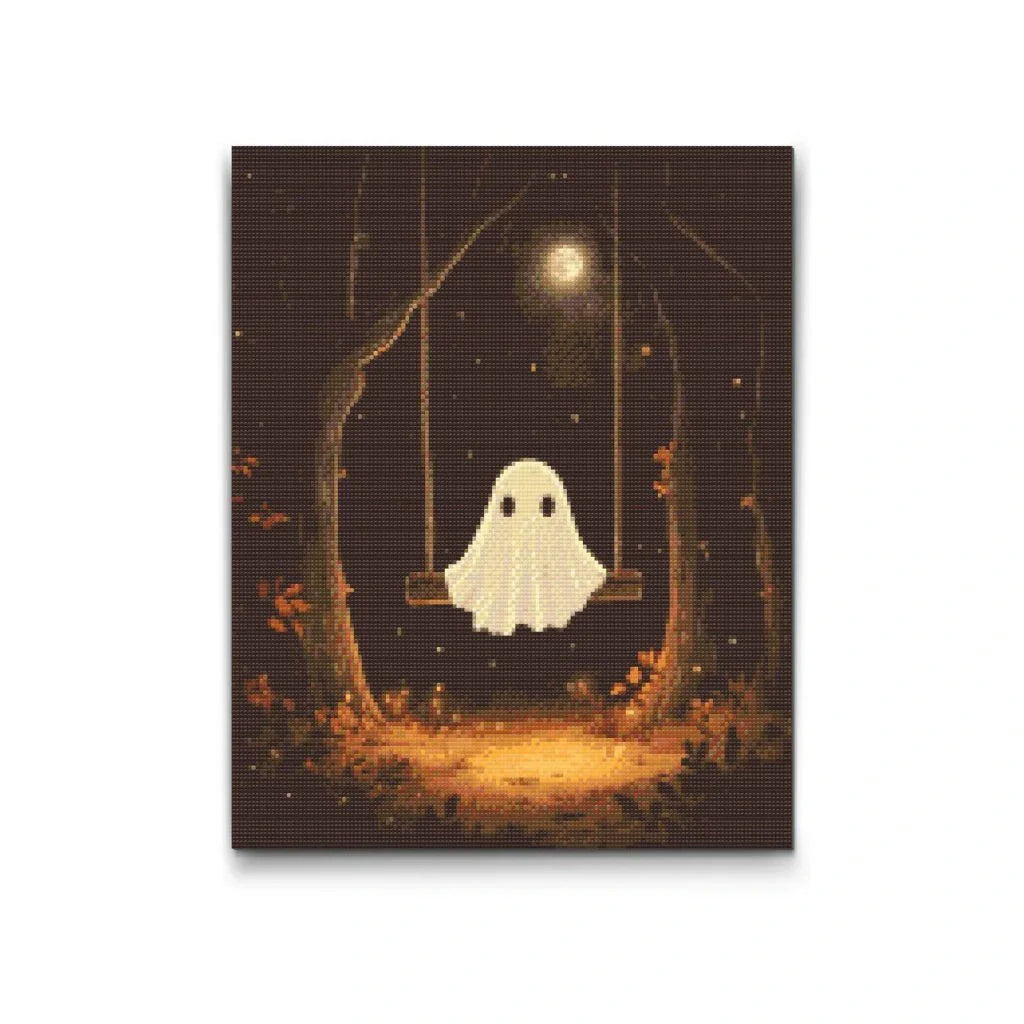Diamond Painting 5D billede af et spøgelse på en gynge under fuldmånen – stemningsfuld efterårskunst