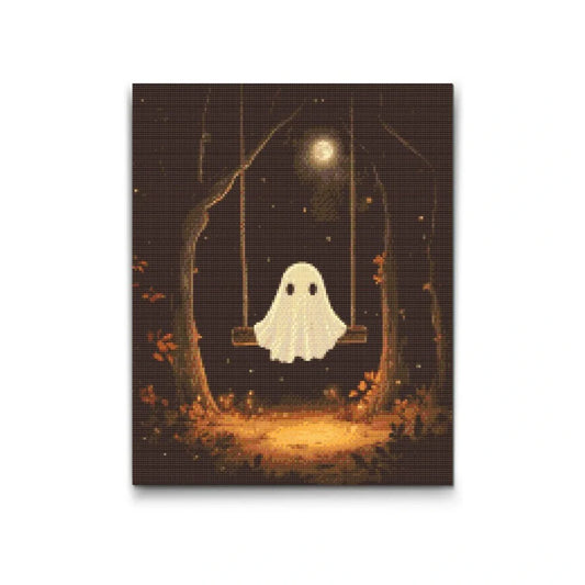 Diamond Painting 5D billede af et spøgelse på en gynge under fuldmånen – stemningsfuld efterårskunst