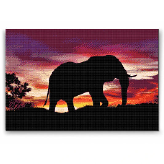 Diamond painting af elefant i silhuet mod en farverig afrikansk solnedgang