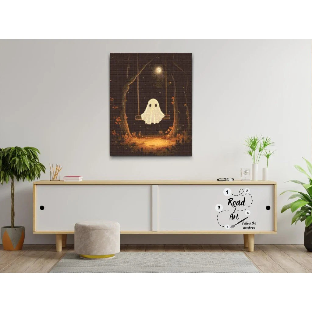 5D Diamond Painting spøgelse på gyngen – sødt halloweenmotiv i måneskin