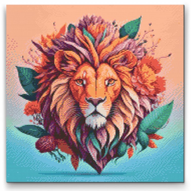 Løve med blomster- premium diamond art - diamond painting i højeste kvalitet