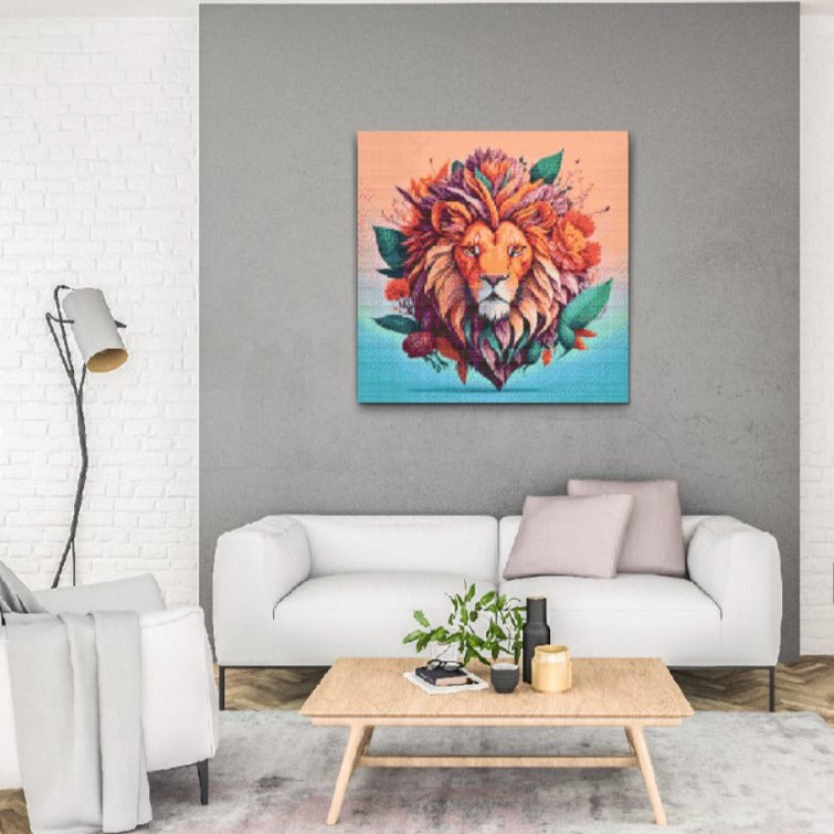 Løve med blomster- premium diamond art - diamond painting i højeste kvalitet