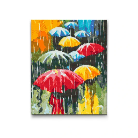 Diamond painting af farverige paraplyer i bybillede